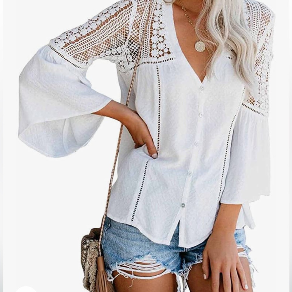 V-neck button down bell sleeves womens blouse